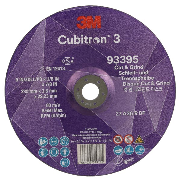 3M™ Cubitron™ 3 Cut and Grind Schruppscheibe, 93395, 36+, T27, 230 mm x 3,8 mm x 22,23 mm, EN, 10/Pack, 20 Stück/VE